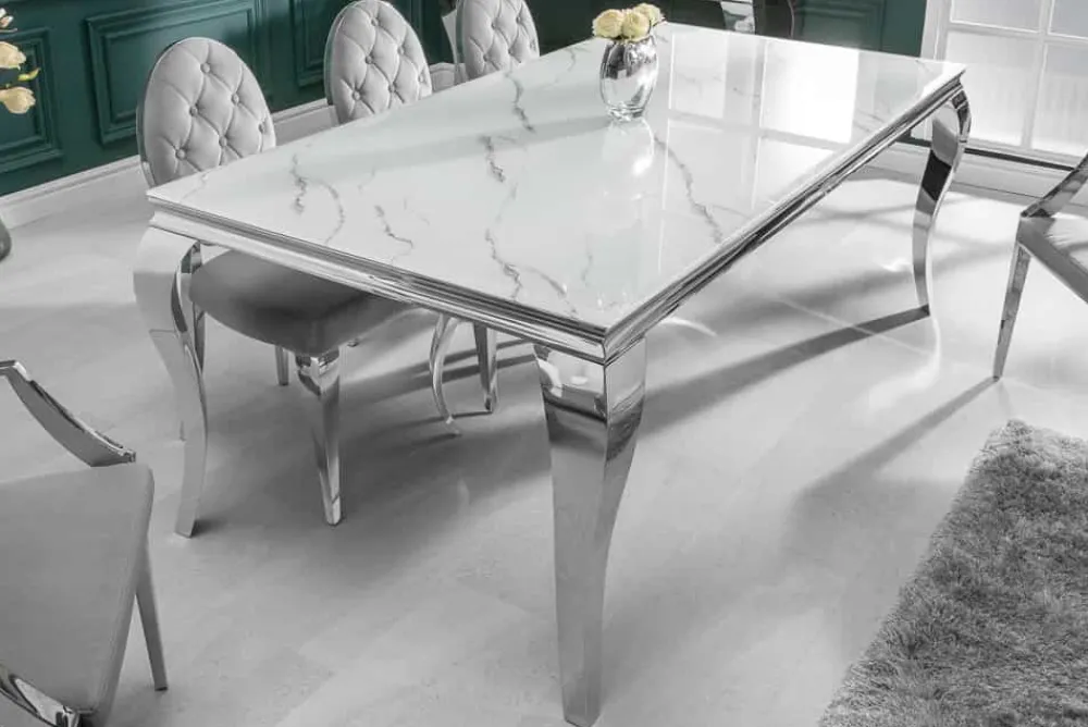 Riess-Ambiente Esstische > Design Esstisch MODERN BAROCK 200cm weiß chrom Glasplatte Marmor Edelstahlbeine