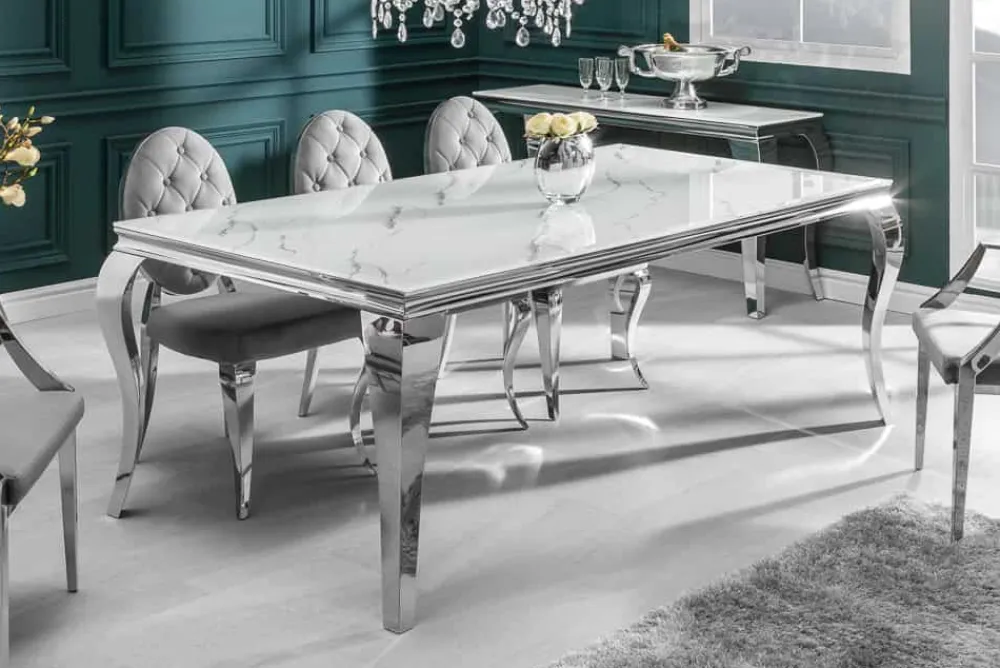 Riess-Ambiente Esstische > Design Esstisch MODERN BAROCK 200cm weiß chrom Glasplatte Marmor Edelstahlbeine