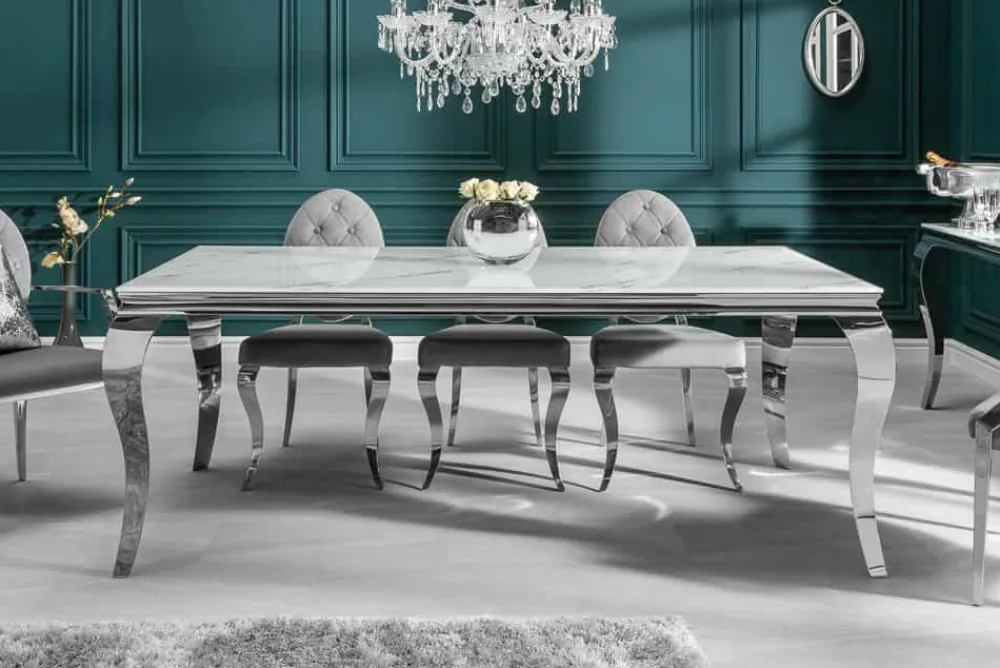 Riess-Ambiente Esstische > Design Esstisch MODERN BAROCK 200cm weiß chrom Glasplatte Marmor Edelstahlbeine