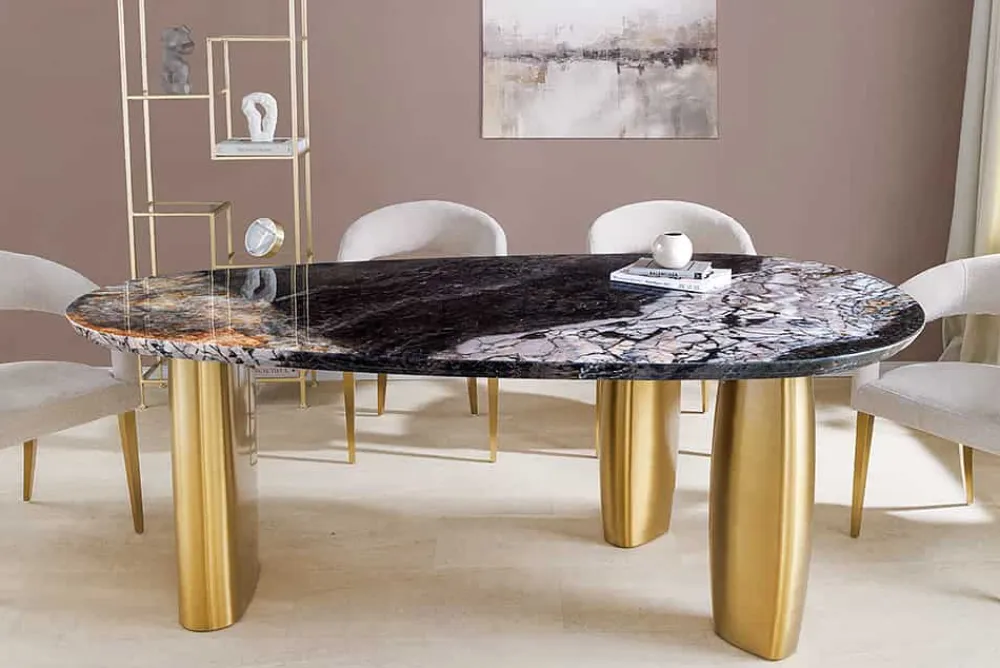 Riess-Ambiente Goldene Möbel|Esstische > Design Esstisch ORGANIC 200cm grau weiß braun Naturstein Marmor Metall brushed gold