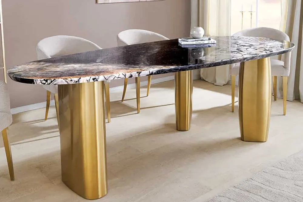 Riess-Ambiente Goldene Möbel|Esstische > Design Esstisch ORGANIC 200cm grau weiß braun Naturstein Marmor Metall brushed gold