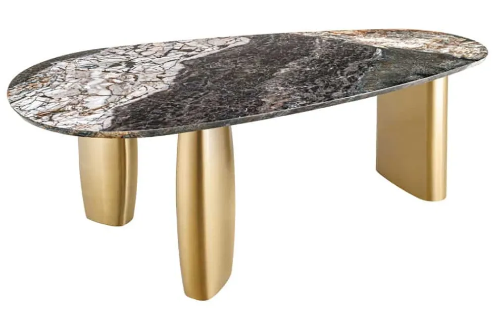 Riess-Ambiente Goldene Möbel|Esstische > Design Esstisch ORGANIC 200cm grau weiß braun Naturstein Marmor Metall brushed gold
