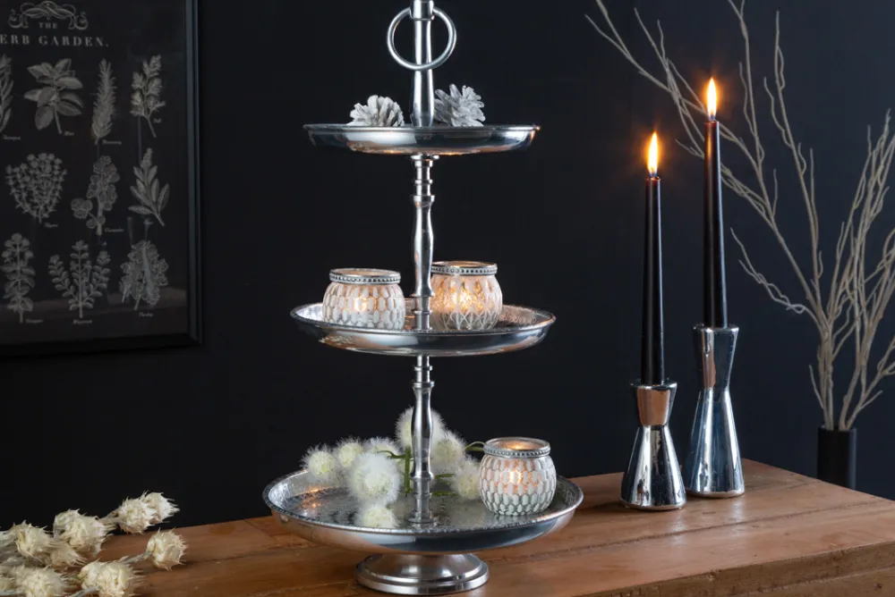 Riess-Ambiente Etageren & Tabletts > Design Etagere ORIENT 50cm silber im Wild Hammerschlag mit drei Etagen