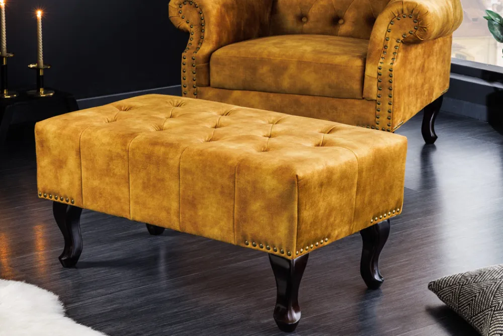 Riess-Ambiente Polsterhocker|Sitzhocker > Design Fußhocker CHESTERFIELD 80cm senfgelb Samt Knopfheftung Nietenbesatz