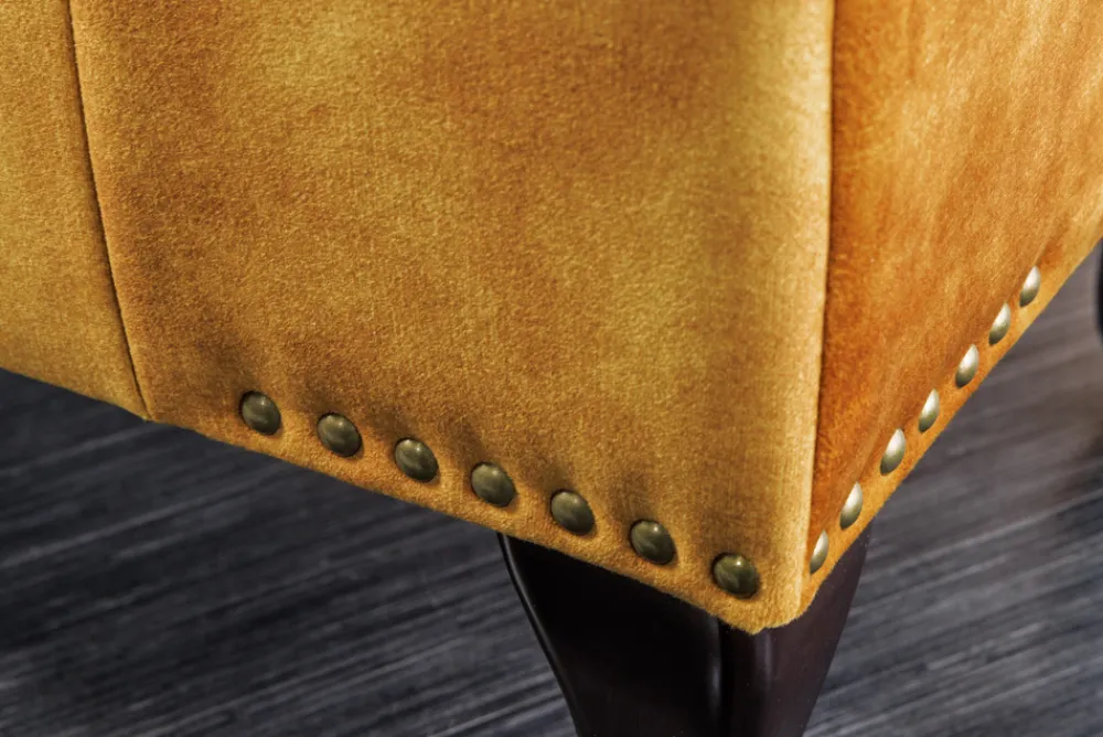 Riess-Ambiente Polsterhocker|Sitzhocker > Design Fußhocker CHESTERFIELD 80cm senfgelb Samt Knopfheftung Nietenbesatz