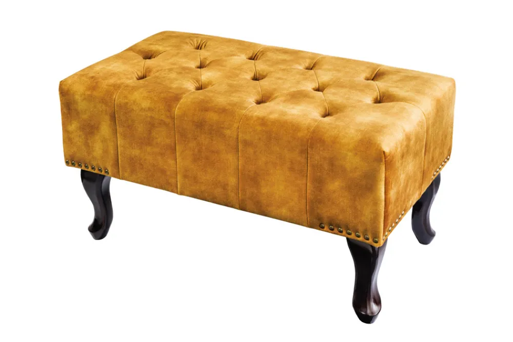 Riess-Ambiente Polsterhocker|Sitzhocker > Design Fußhocker CHESTERFIELD 80cm senfgelb Samt Knopfheftung Nietenbesatz