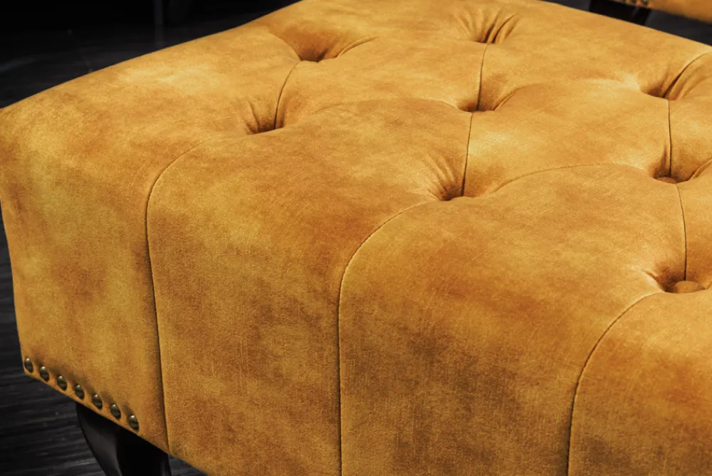 Riess-Ambiente Polsterhocker|Sitzhocker > Design Fußhocker CHESTERFIELD 80cm senfgelb Samt Knopfheftung Nietenbesatz