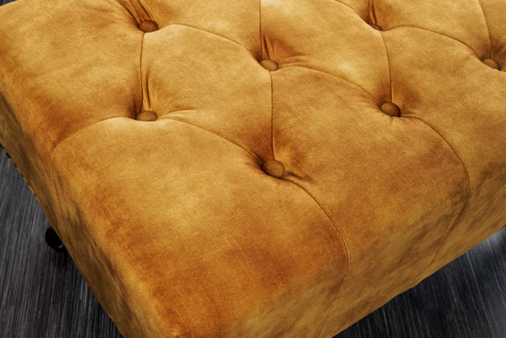 Riess-Ambiente Polsterhocker|Sitzhocker > Design Fußhocker CHESTERFIELD 80cm senfgelb Samt Knopfheftung Nietenbesatz