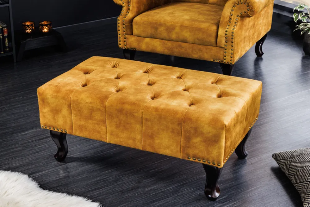 Riess-Ambiente Polsterhocker|Sitzhocker > Design Fußhocker CHESTERFIELD 80cm senfgelb Samt Knopfheftung Nietenbesatz