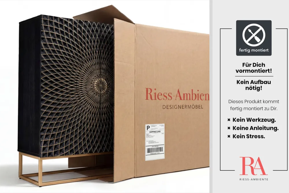 Riess-Ambiente Mehr...|Goldene Möbel > Design Highboard ILLUSION 120cm schwarz Mangoholz Massivholz mit 3D Schnitzereien gold Eisen Metallgestell