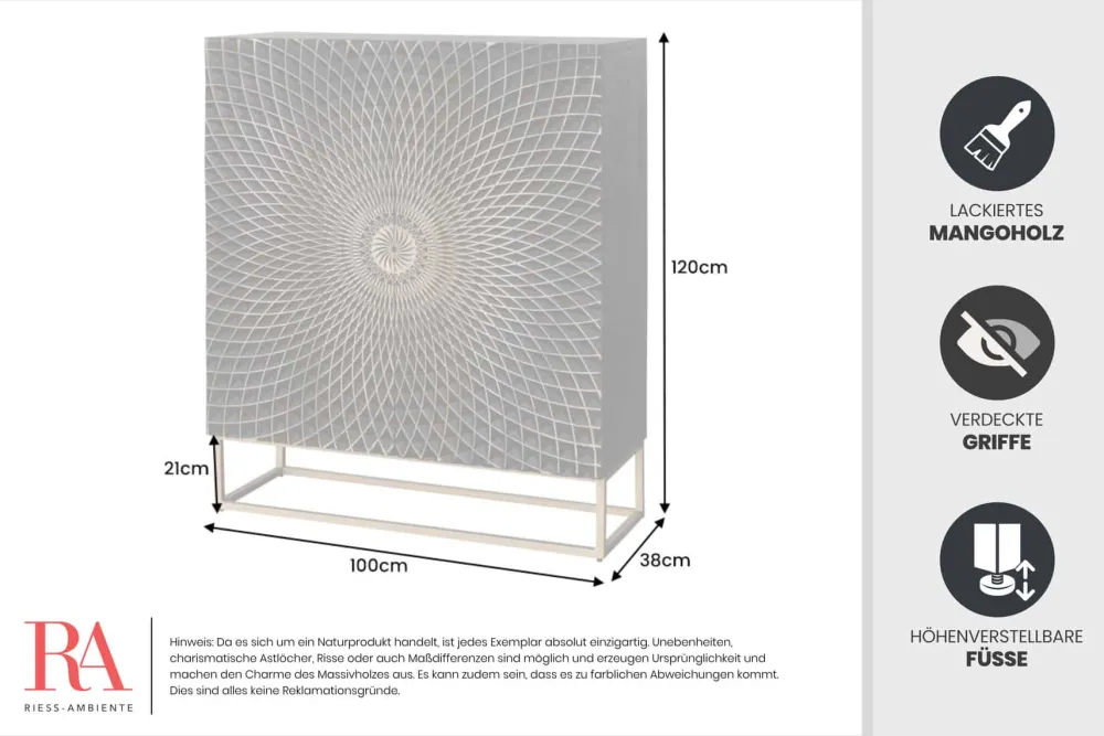 Riess-Ambiente Mehr...|Goldene Möbel > Design Highboard ILLUSION 120cm schwarz Mangoholz Massivholz mit 3D Schnitzereien gold Eisen Metallgestell