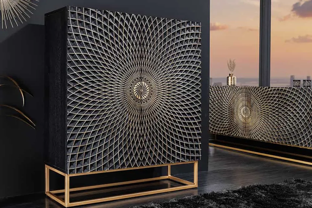 Riess-Ambiente Mehr...|Goldene Möbel > Design Highboard ILLUSION 120cm schwarz Mangoholz Massivholz mit 3D Schnitzereien gold Eisen Metallgestell