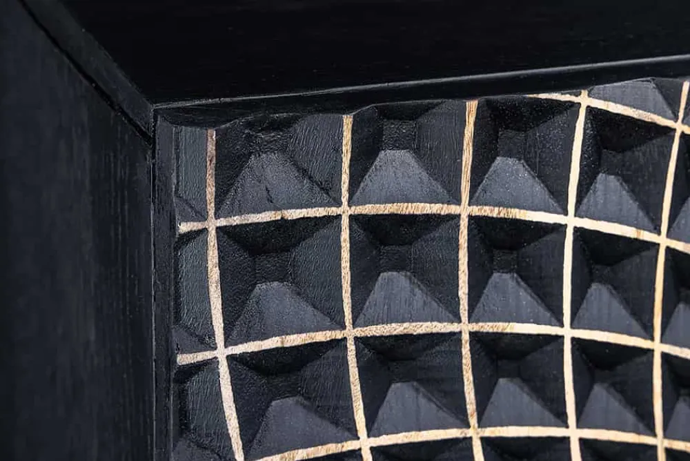 Riess-Ambiente Mehr...|Goldene Möbel > Design Highboard ILLUSION 120cm schwarz Mangoholz Massivholz mit 3D Schnitzereien gold Eisen Metallgestell