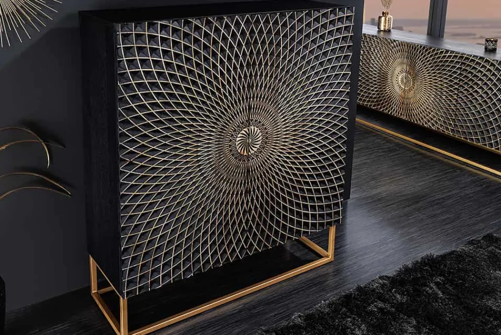 Riess-Ambiente Mehr...|Goldene Möbel > Design Highboard ILLUSION 120cm schwarz Mangoholz Massivholz mit 3D Schnitzereien gold Eisen Metallgestell