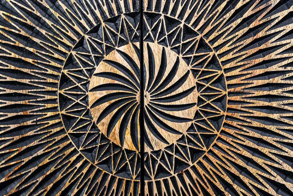 Riess-Ambiente Mehr...|Goldene Möbel > Design Highboard ILLUSION 120cm schwarz Mangoholz Massivholz mit 3D Schnitzereien gold Eisen Metallgestell