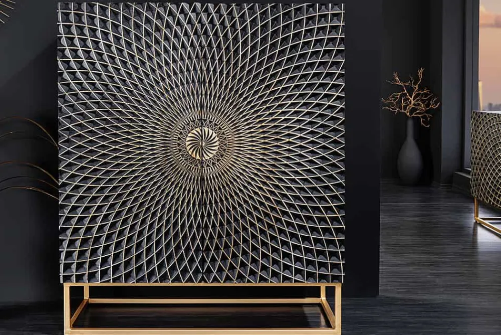 Riess-Ambiente Mehr...|Goldene Möbel > Design Highboard ILLUSION 120cm schwarz Mangoholz Massivholz mit 3D Schnitzereien gold Eisen Metallgestell