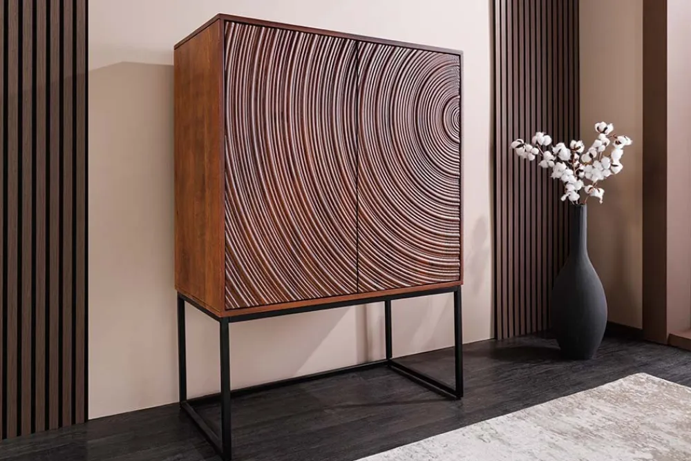 Riess-Ambiente Mehr...|Massivholzschränke > Design Highboard ORBIT 120cm braun Mangoholz mit 3D-Front schwarz Metall