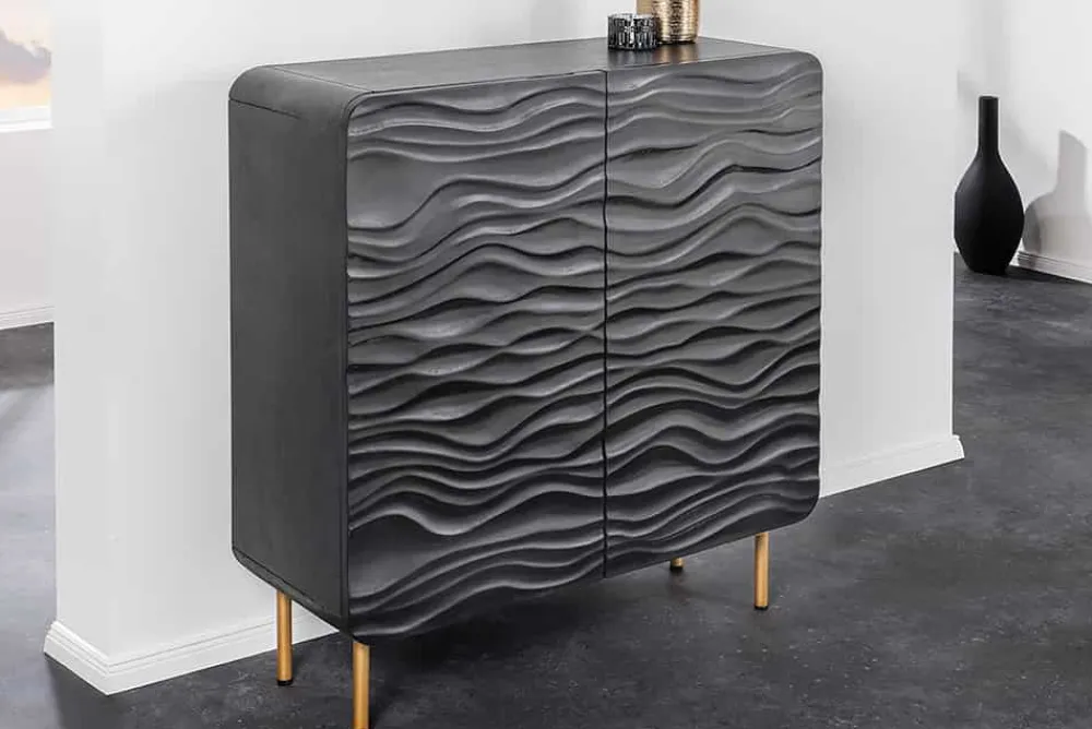 Riess-Ambiente Goldene Möbel|Highboards > Design Highboard WAVE 120cm schwarz Mangoholz mit 3D Schnitzereien mattgold Metallbeine