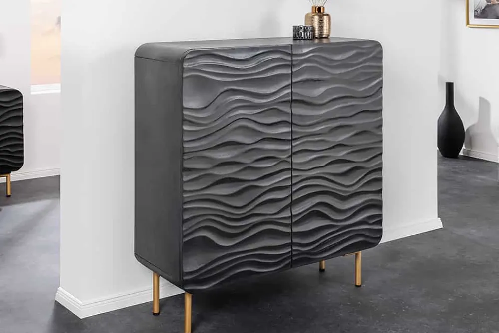 Riess-Ambiente Goldene Möbel|Highboards > Design Highboard WAVE 120cm schwarz Mangoholz mit 3D Schnitzereien mattgold Metallbeine