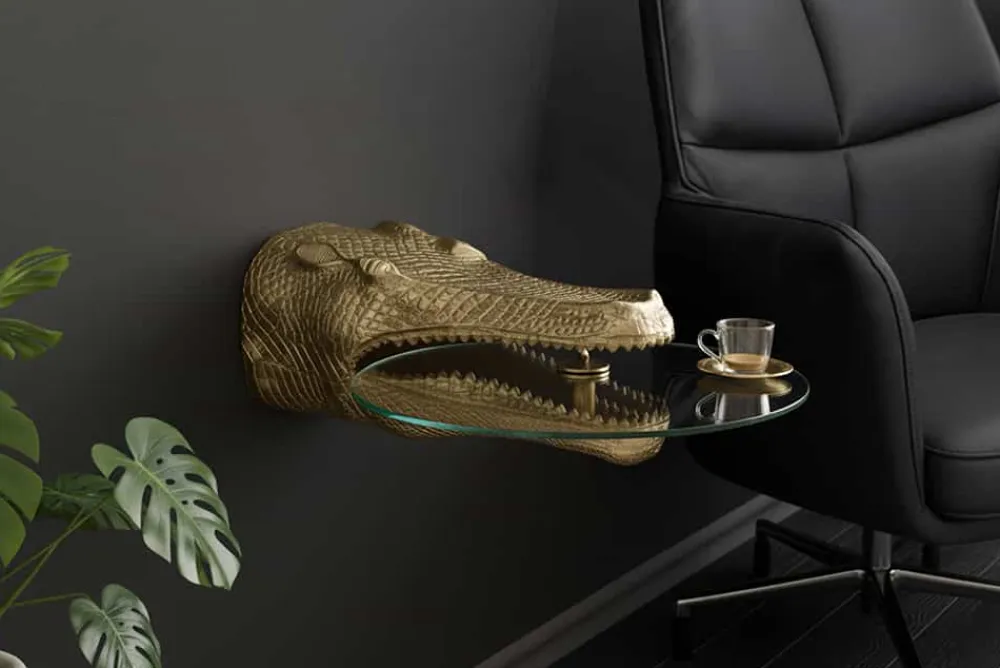 Riess-Ambiente Beistelltische|Couchtische & Truhen > Design Hängetisch WILDLIFE CROCODILE 75cm gold Krokodil oval Glas Beistelltisch