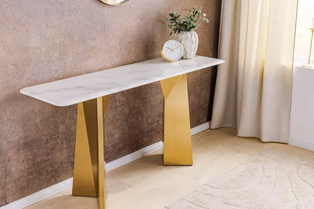 Riess-Ambiente Goldene Möbel|Konsolentische > Design Konsolentisch EXTRAVAGANCIA 140cm weiß Marmor brushed champagner gold Metall