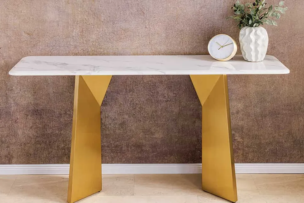 Riess-Ambiente Goldene Möbel|Konsolentische > Design Konsolentisch EXTRAVAGANCIA 140cm weiß Marmor brushed champagner gold Metall