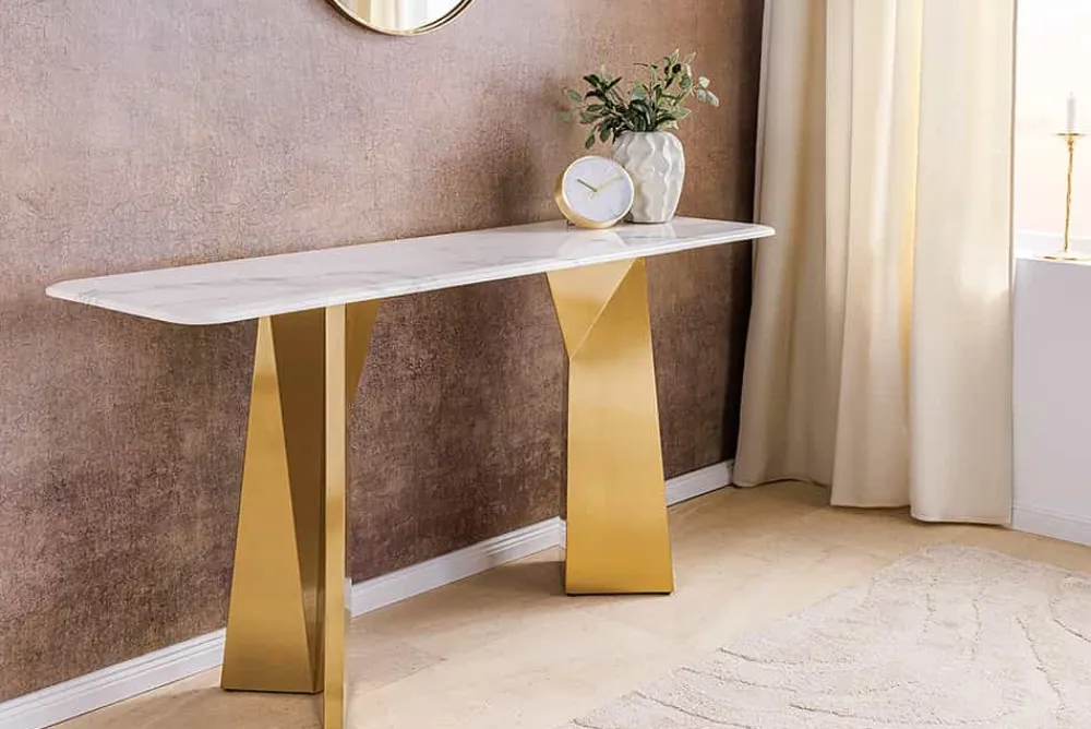 Riess-Ambiente Goldene Möbel|Konsolentische > Design Konsolentisch EXTRAVAGANCIA 140cm weiß Marmor brushed champagner gold Metall