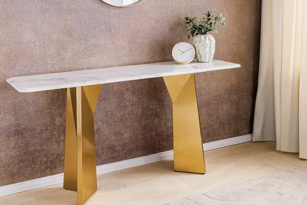 Riess-Ambiente Goldene Möbel|Konsolentische > Design Konsolentisch EXTRAVAGANCIA 140cm weiß Marmor brushed champagner gold Metall