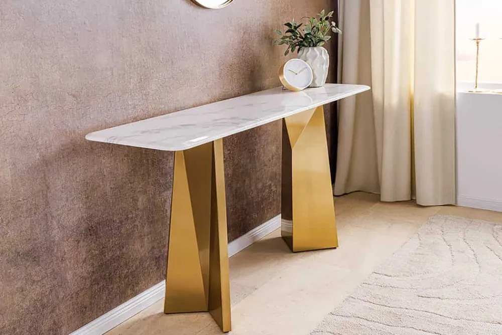 Riess-Ambiente Goldene Möbel|Konsolentische > Design Konsolentisch EXTRAVAGANCIA 140cm weiß Marmor brushed champagner gold Metall
