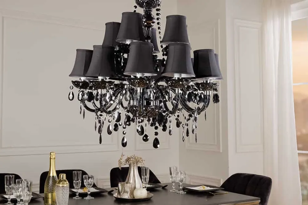 Riess-Ambiente Hängelampen|Kronleuchter & Lüster > Design Kronleuchter BLACK CRYSTAL XL 80cm schwarz Acryl 15-armig Lüster mit Schirmen