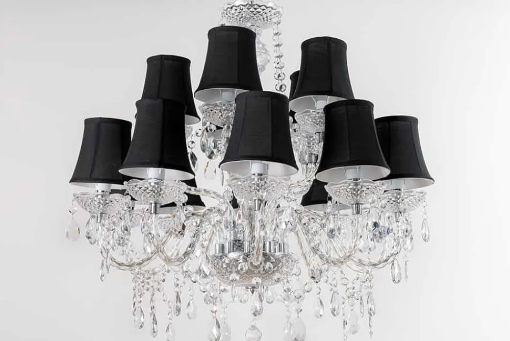 Riess-Ambiente Hängelampen|Kronleuchter & Lüster > Design Kronleuchter CRYSTAL XL 80cm klar Acryl 15-armig Lüster schwarz mit Schirmen