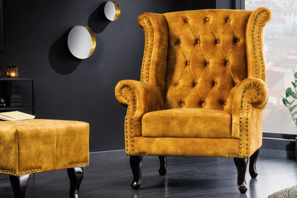 Riess-Ambiente Sessel|Samt Möbel > Design Ohrensessel CHESTERFIELD 85cm senfgelb Samt Knopfheftung