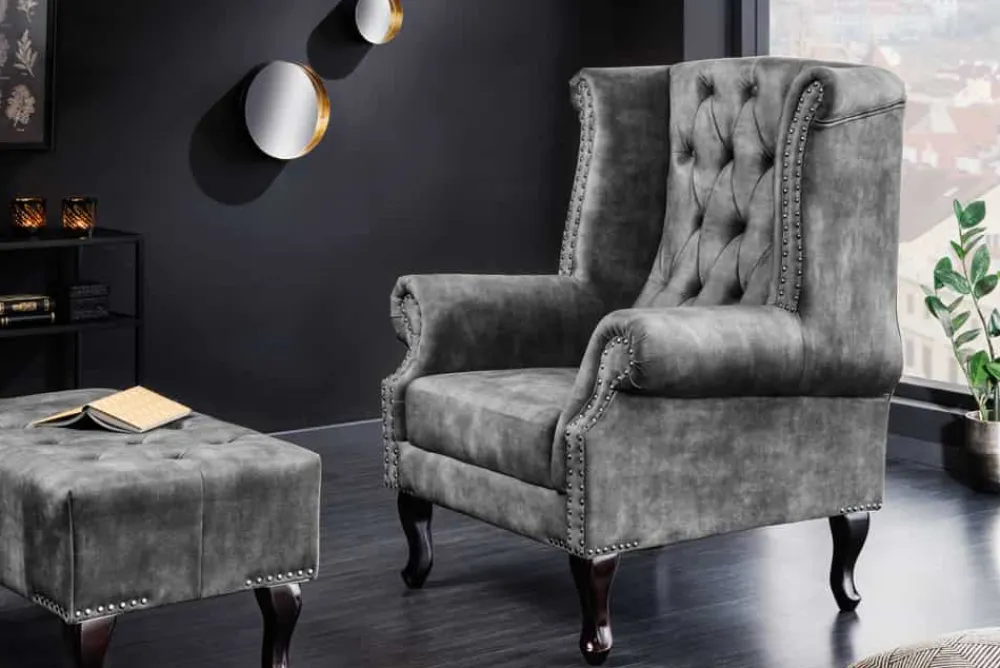 Riess-Ambiente Sessel|Samt Möbel > Design Ohrensessel CHESTERFIELD 105cm grau Samt silber Nieten