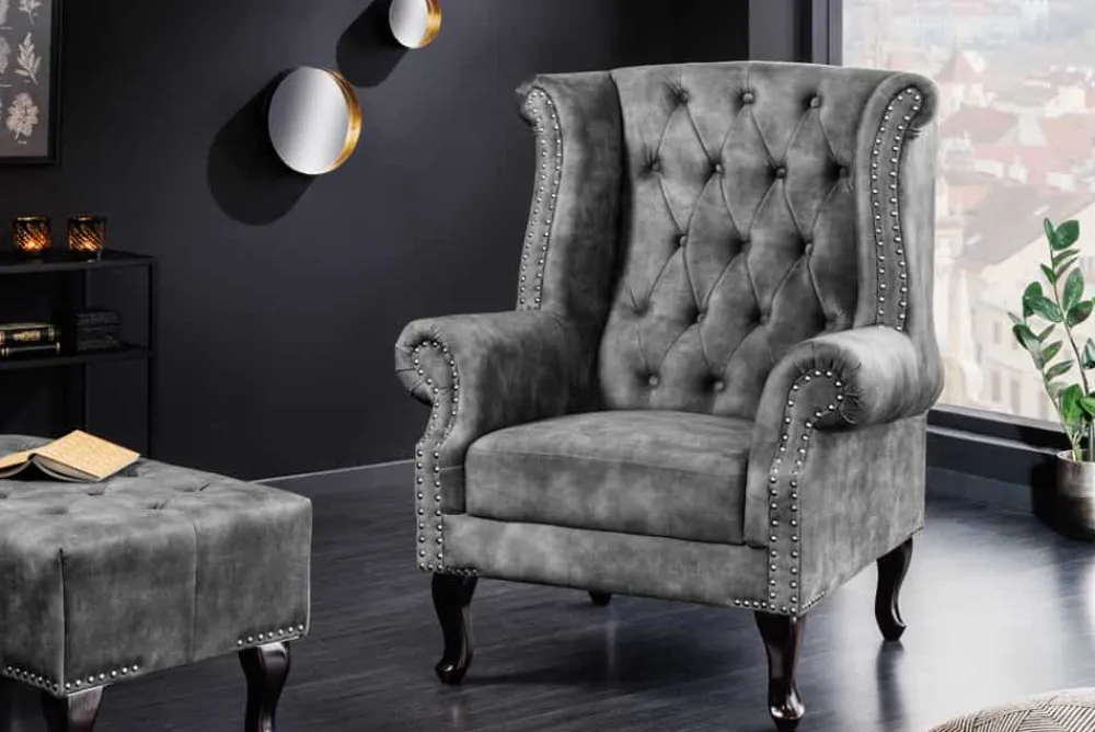Riess-Ambiente Sessel|Samt Möbel > Design Ohrensessel CHESTERFIELD 105cm grau Samt silber Nieten