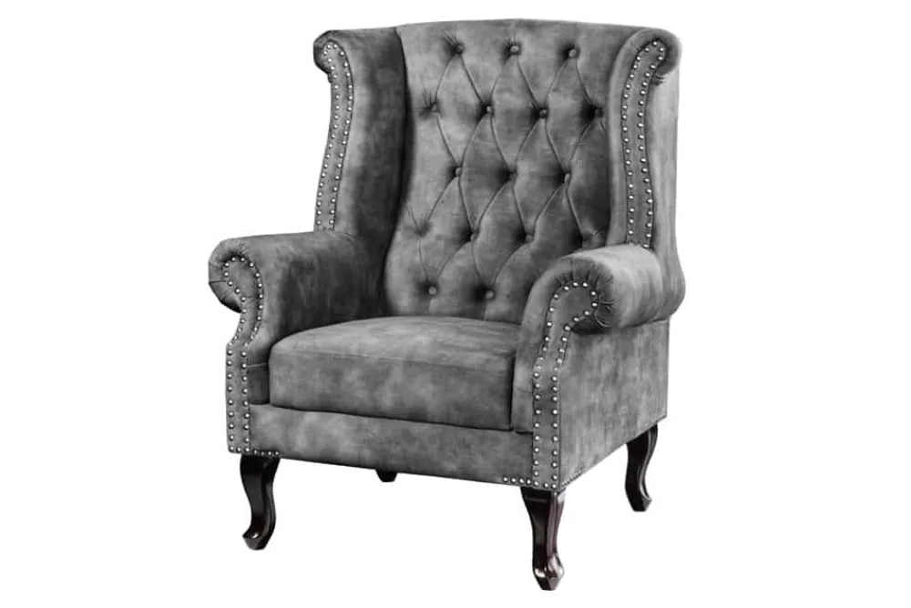Riess-Ambiente Sessel|Samt Möbel > Design Ohrensessel CHESTERFIELD 105cm grau Samt silber Nieten