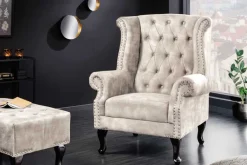 Riess-Ambiente Sessel|Samt Möbel > Design Ohrensessel CHESTERFIELD 105cm champagner beige Samt silber Ziernieten