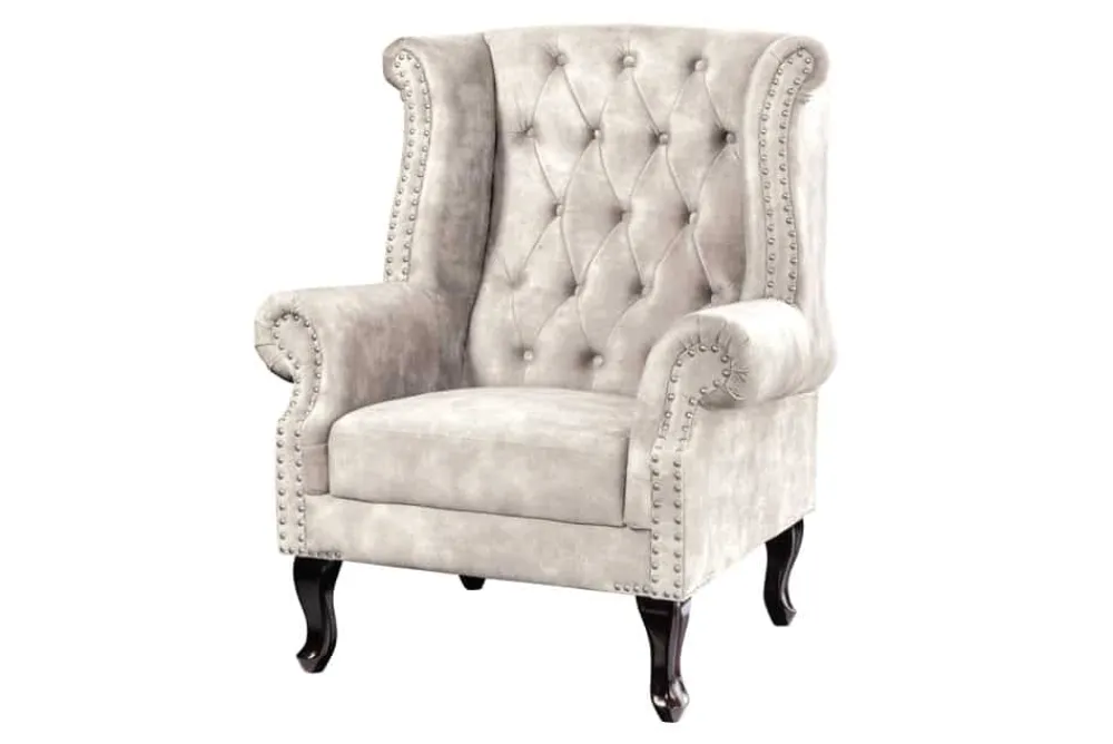 Riess-Ambiente Sessel|Samt Möbel > Design Ohrensessel CHESTERFIELD 105cm champagner beige Samt silber Ziernieten