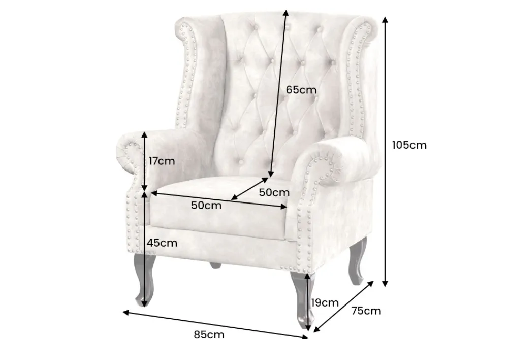 Riess-Ambiente Sessel|Samt Möbel > Design Ohrensessel CHESTERFIELD 105cm champagner beige Samt silber Ziernieten