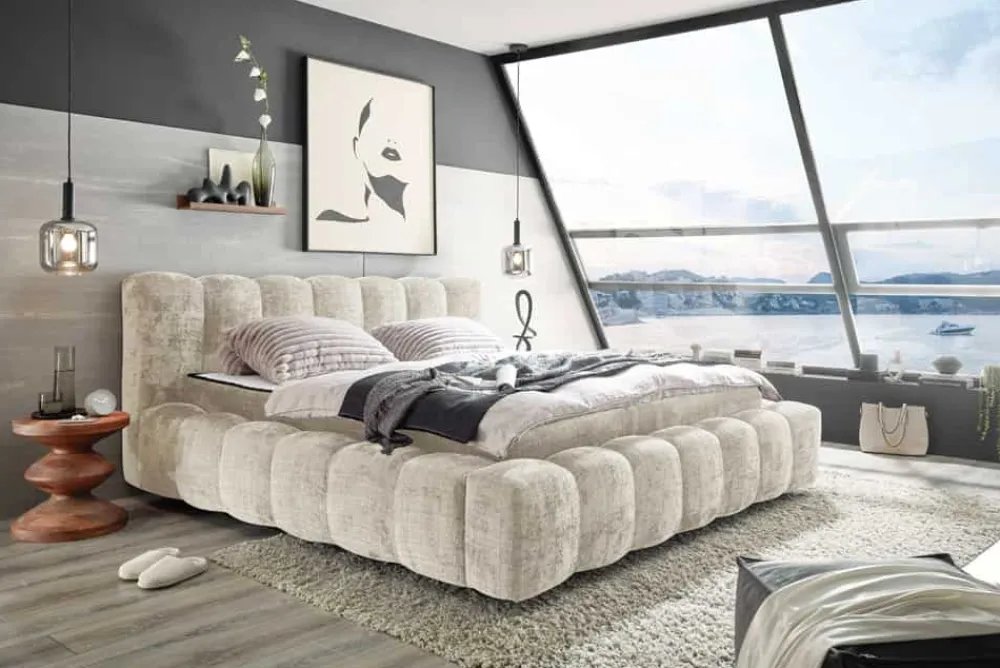 Riess-Ambiente Polsterbetten|Retro Möbel > Design Polsterbett DIAMOND 180x200cm weiß Chenille Cremona inkl. Matratze Topper Lattenrost