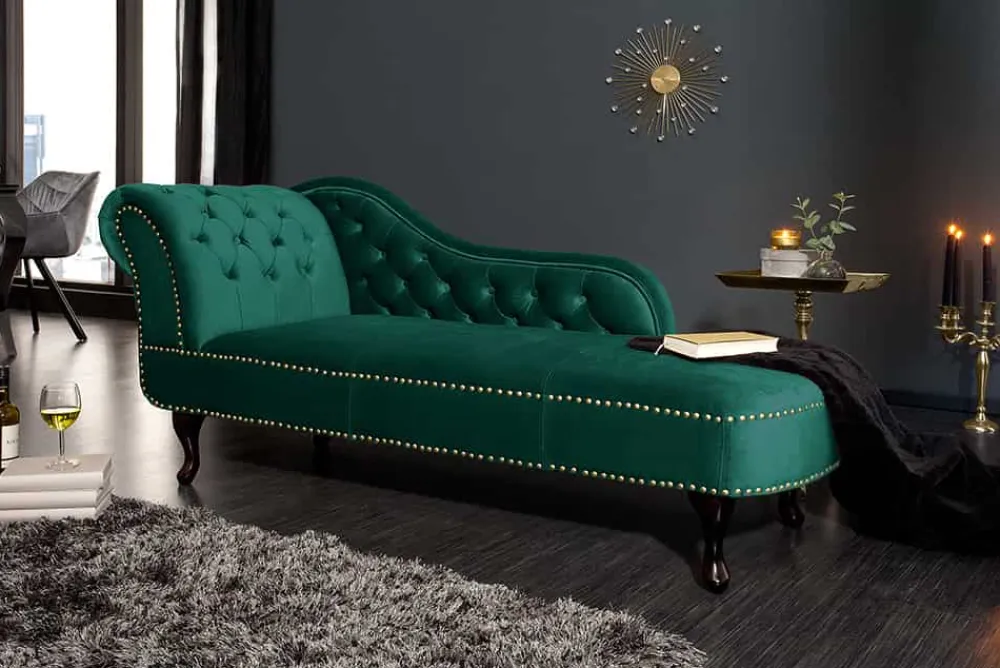 Riess-Ambiente Liegen|Samt Möbel > Design Récamière CHESTERFIELD 170cm smaragdgrün Samt Knopfheftung Nietenbesatz