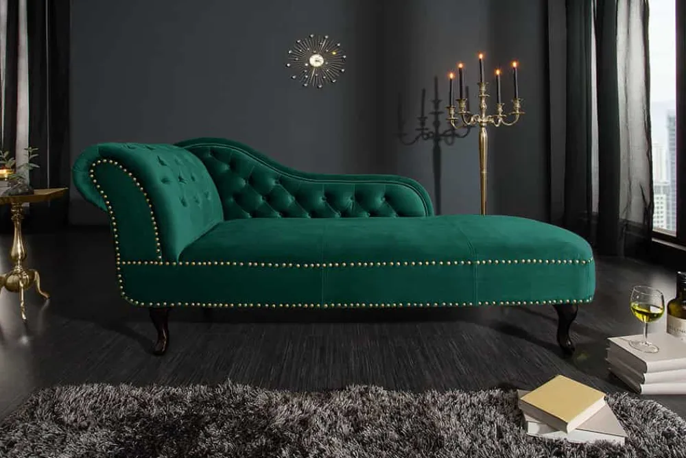 Riess-Ambiente Liegen|Samt Möbel > Design Récamière CHESTERFIELD 170cm smaragdgrün Samt Knopfheftung Nietenbesatz