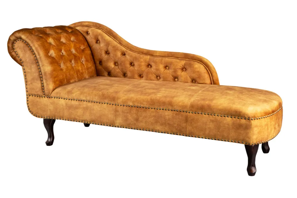 Riess-Ambiente Liegen|Samt Möbel > Design Récamière CHESTERFIELD 170cm senfgelb Samt Knopfheftung Nietenbesatz