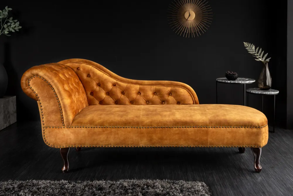 Riess-Ambiente Liegen|Samt Möbel > Design Récamière CHESTERFIELD 170cm senfgelb Samt Knopfheftung Nietenbesatz