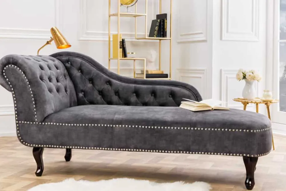 Riess-Ambiente Liegen|Samt Möbel > Design Récamière CHESTERFIELD 170cm grau strukturiertes Samt Knopfheftung Nietenbesatz