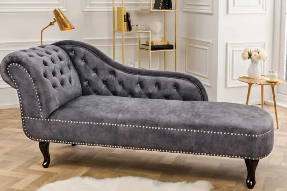 Riess-Ambiente Liegen|Samt Möbel > Design Récamière CHESTERFIELD 170cm grau strukturiertes Samt Knopfheftung Nietenbesatz