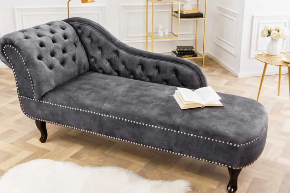 Riess-Ambiente Liegen|Samt Möbel > Design Récamière CHESTERFIELD 170cm grau strukturiertes Samt Knopfheftung Nietenbesatz