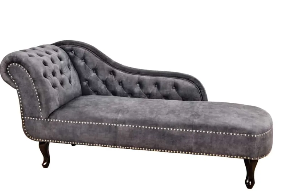 Riess-Ambiente Liegen|Samt Möbel > Design Récamière CHESTERFIELD 170cm grau strukturiertes Samt Knopfheftung Nietenbesatz