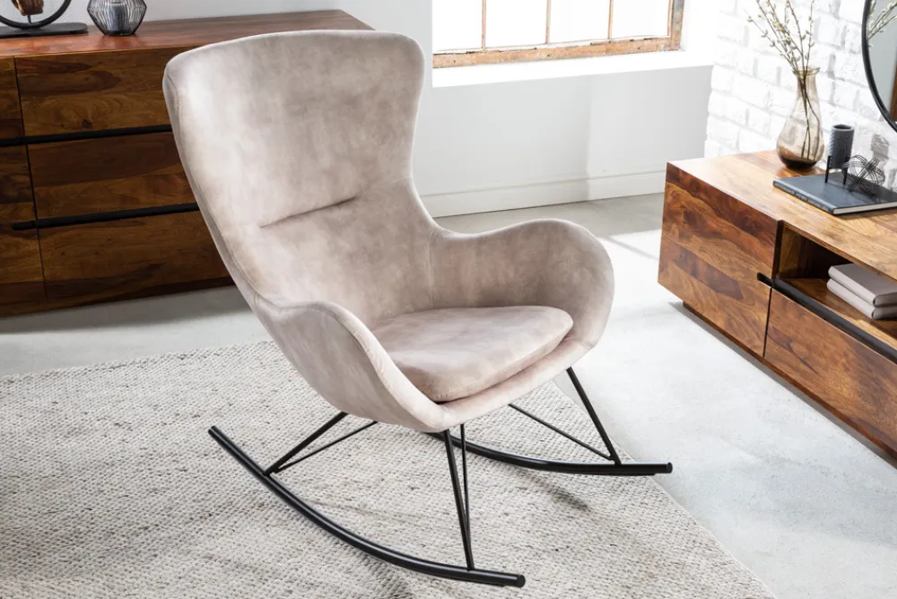 Riess-Ambiente Skandinavisch|Sessel > Design Schaukelstuhl SCANDINAVIA SWING champagner greige Samt Schaukelsessel