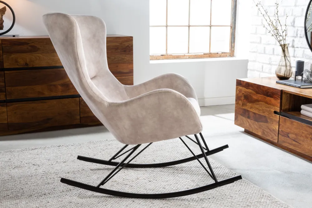 Riess-Ambiente Skandinavisch|Sessel > Design Schaukelstuhl SCANDINAVIA SWING champagner greige Samt Schaukelsessel