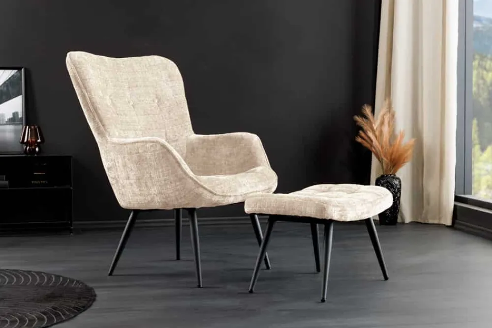 Riess-Ambiente Skandinavisch|Loungesessel > Design Sessel SCANDINAVIA champagner Chenille Cremona schwarz Metall mit Armlehne